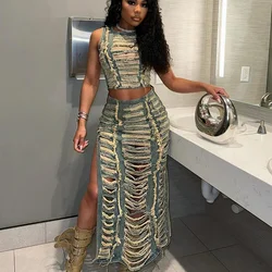 Streetwear Ripped Hole Denim Two Piece Set for Women Y2K Birthday Outfits Sleeveless Crop Top and Side Slit Long Skirt Sets Jean