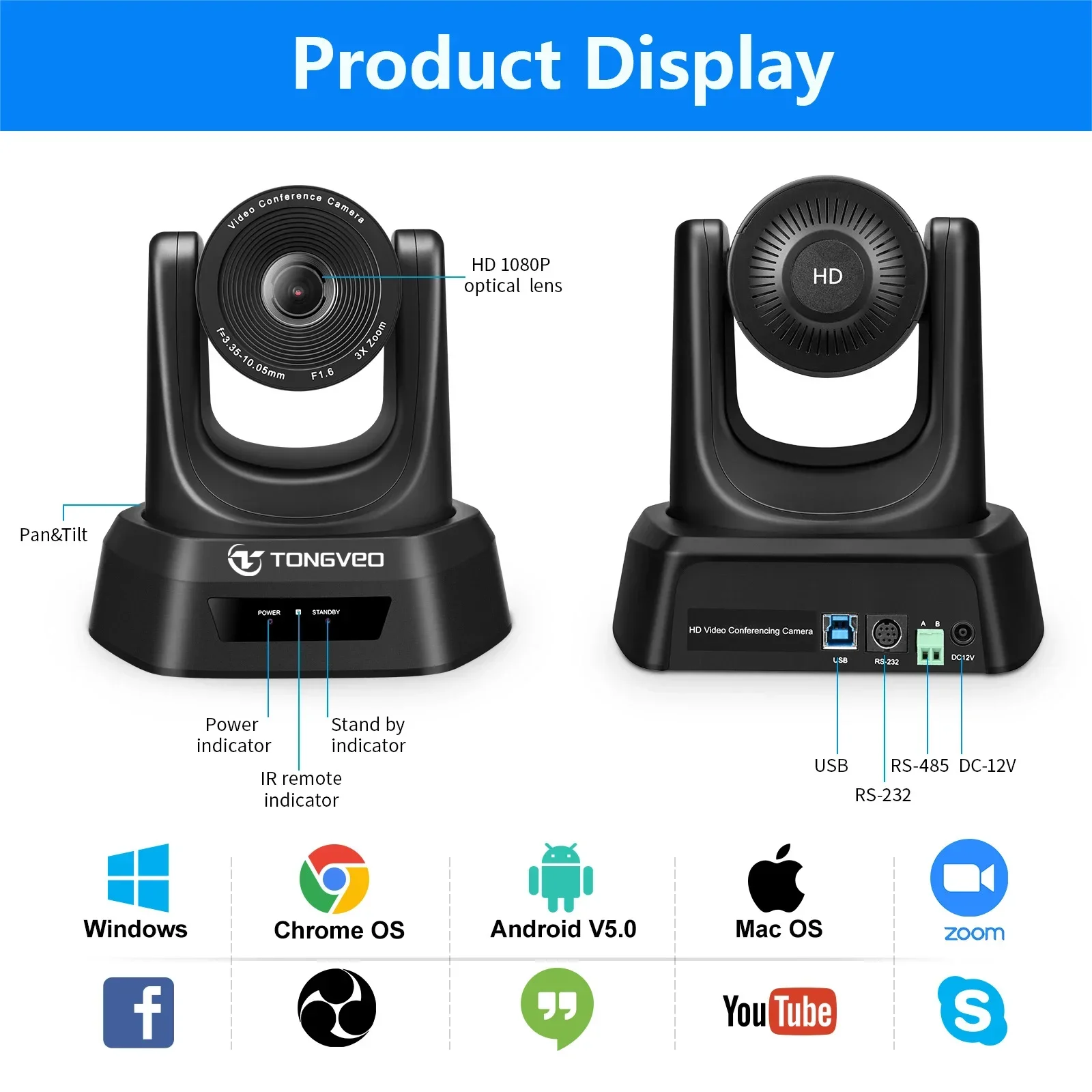 1080P 60FPS Wide Angle PTZ 3X Optical Zoom USB3.0 Video Conference Camera Wireless WIFI Version Available