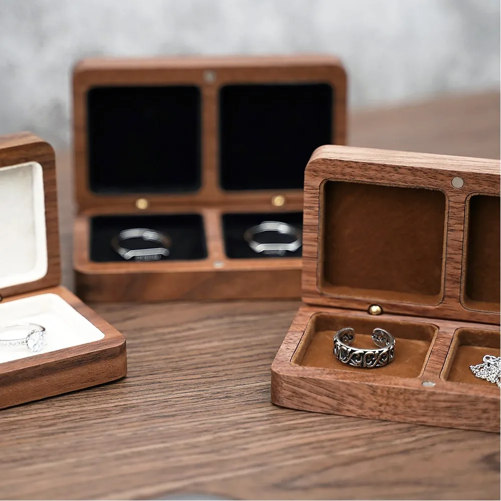 Wooden Jewelry Box Necklace Earring Ring Storage Double Slots Square Wedding Travel Magnetic Attraction Jewelry Organizer Box