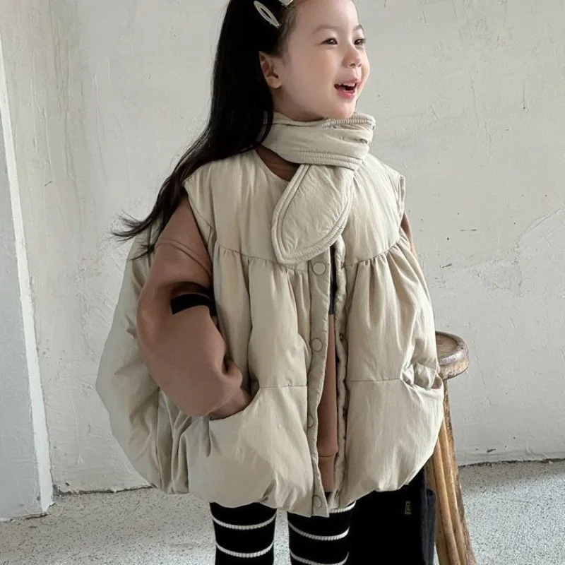 2025 Warm Sale Girls' Korean Padded Loose Fit Vest Fluffy Jacket for Kids Warm Stylish Children's Scarf Combo Winter Outerwear