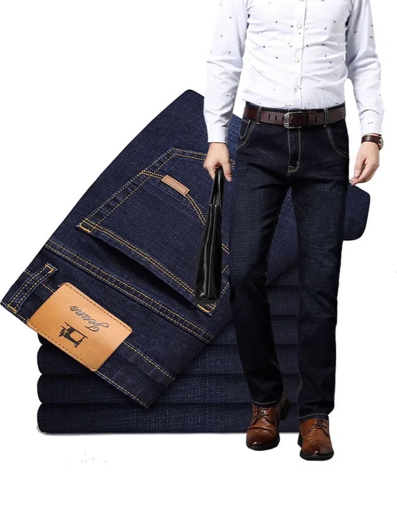 جينز صيفي رقيق غير رسمي فضفاض للرجال ذو ساق مستقيمة مقاس كبير سروال عمل مريح من القطن الدنيم للرجال موضة الشباب #3