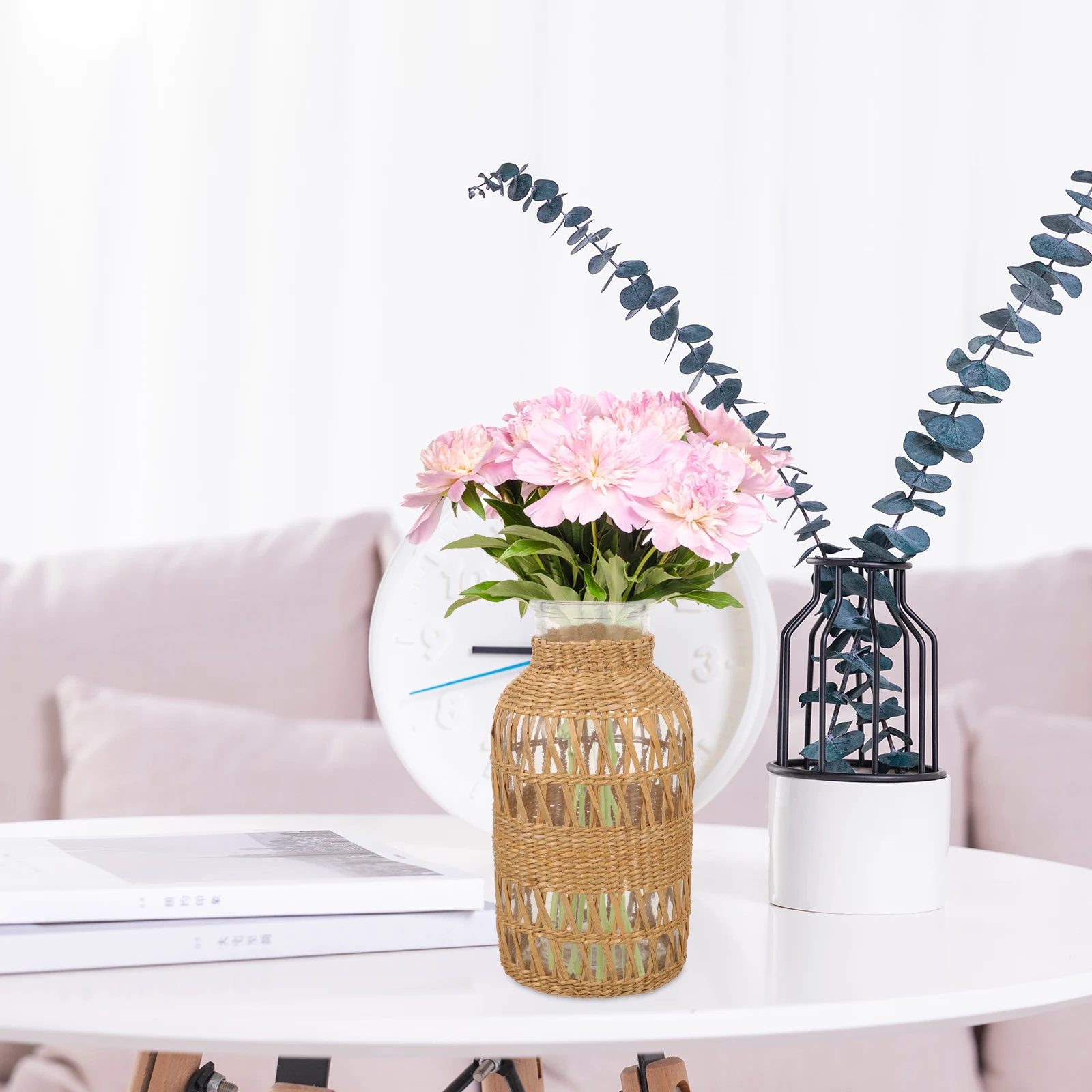 

Rustic Hand Woven Rattan Vase Decorative Flower Arrangement Glass Vase Elegant Home Decoration Dried Flower Container