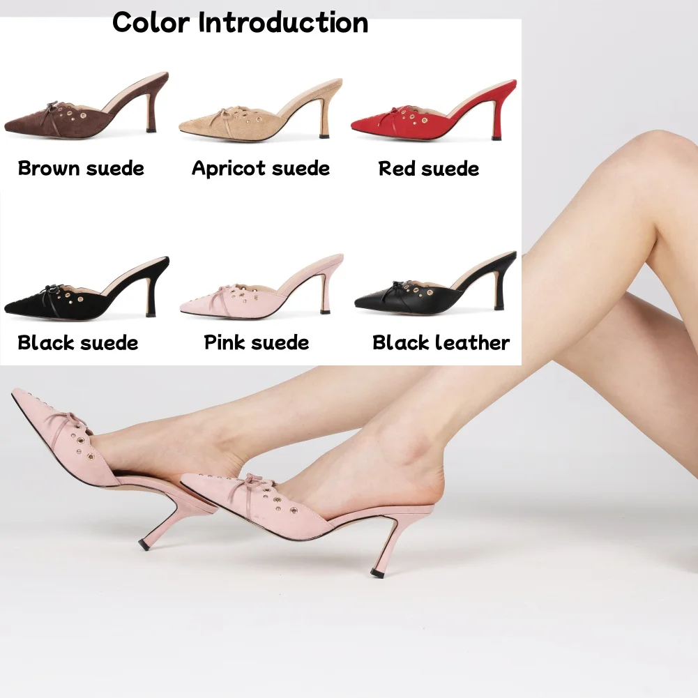 RIBETRINI Poined Toe Mules Sexy Elegant Sandals Low Thin High Heels Shoes 2023 Spring Summer Hot Sale Bow Knot Design Slip On