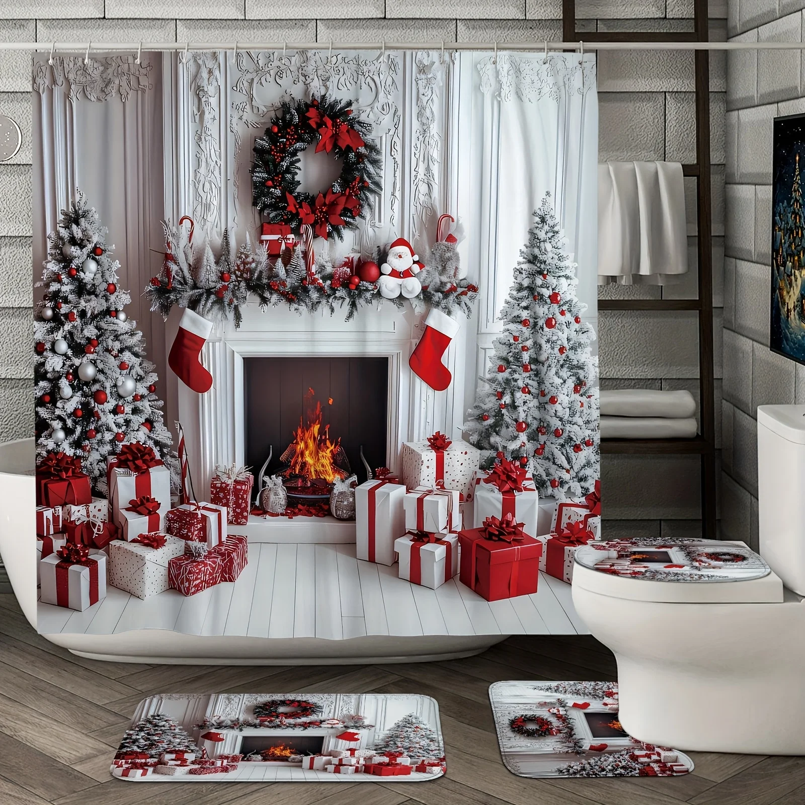 4Pcs Xmas Shower Set – Fireplace Stocking Wreath, Red Washable Curtain, 12 Hooks, Non-Slip Mat, U-Cover, Holiday Decor