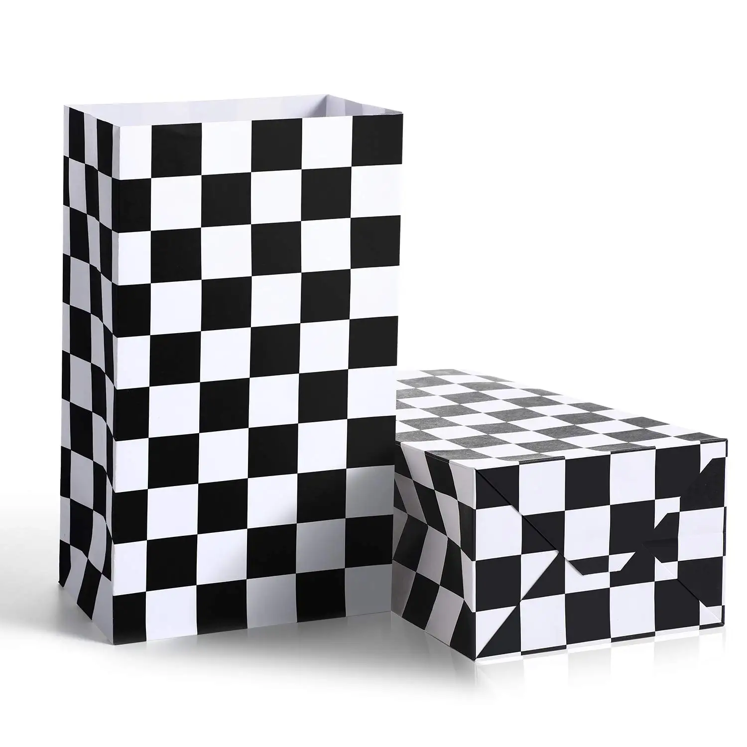 8PCS Checkered Black and White Race Car Favor Bags Kraft Paper Popcorn Boxes Goodie Bags Candy Bag Truck Cars Birthday Supplies
