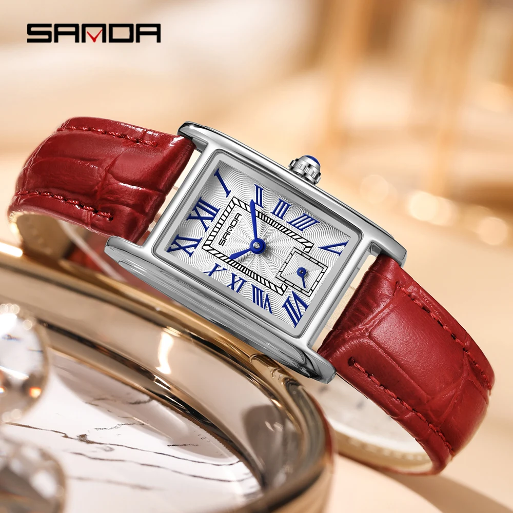 

SANDA 1116 кварцевые часы женские элегантный дизайн часы с прямоугольным циферблатом водостойкие стальные кожаные деловые женские наручные часы подарок