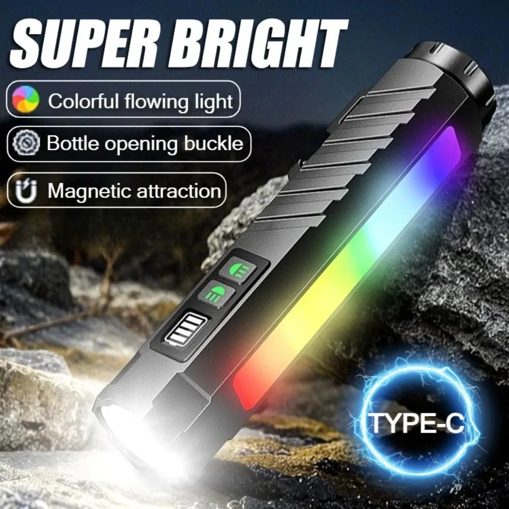 Tactical Flashlight Type-c Rechargeable RGB Side Light LED Torch Magnetic Camping Lantern for Outdoor Fishing Hiking Working