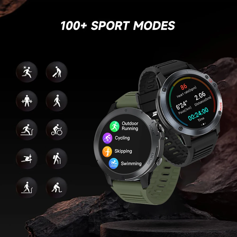 Jam tangan pintar pria, panggilan gigi biru 1.45 ", jam tangan pintar luar ruangan 100 + mode olahraga detak jantung oksigen darah tahan air asisten suara
