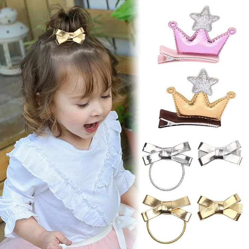 

6pcs Leather Star Crown Hair Clips & Ties Adorable Shiny Trendy Accessory Stylish Sweet Headwear For Kids Daily Casual Outfits