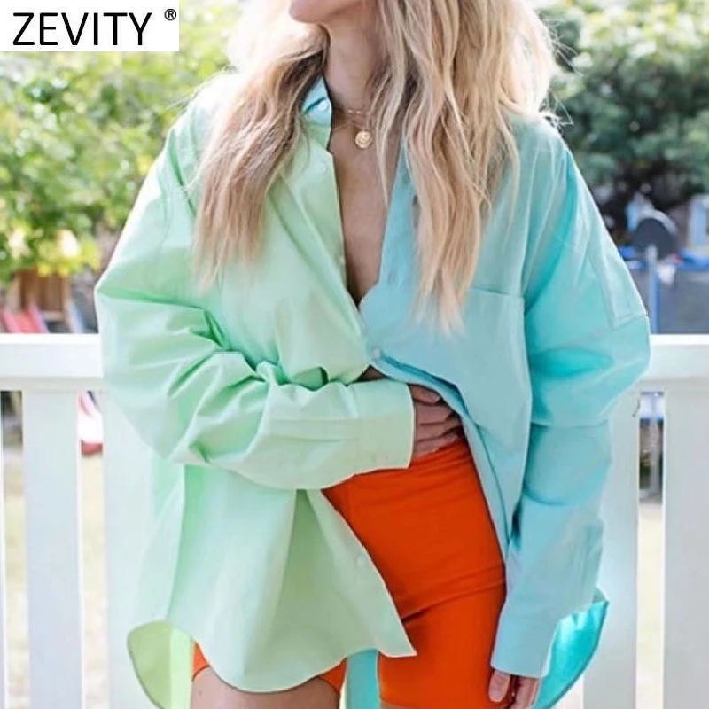 Zevity Women Fashion Color Matching Loose Blouse Office Ladies Long Sleeve Buttons Leisure Shirts Chic Street Blusas Tops LS9956