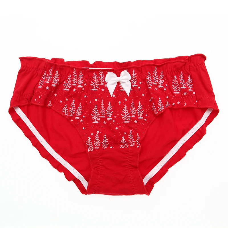 Estilo japonês bonito adorável árvore de natal algodão calcinha feminina arco flounded cintura baixa macio sem costura feminino roupa interior breifs