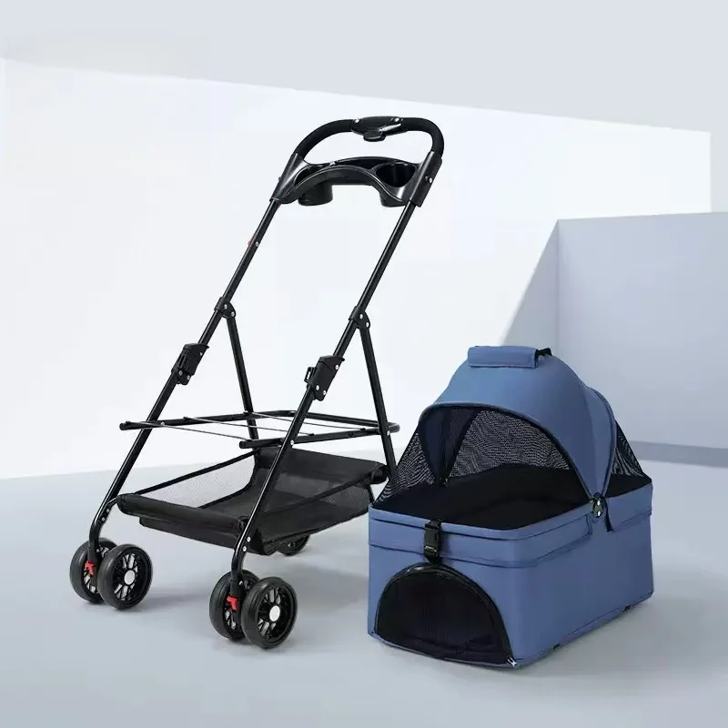 Faltbarer Haustierkinderwagen, 4 Räder mit 360° ° Mit Bremse, mit Aufbewahrungskorb und Getränkehalter, leichter Reise-Kinderwagen für kleine und mittelgroße Hunde und Katzen, in den Farben Grau/Schwarz/Blau/Rosa/Grün. – Detail 1