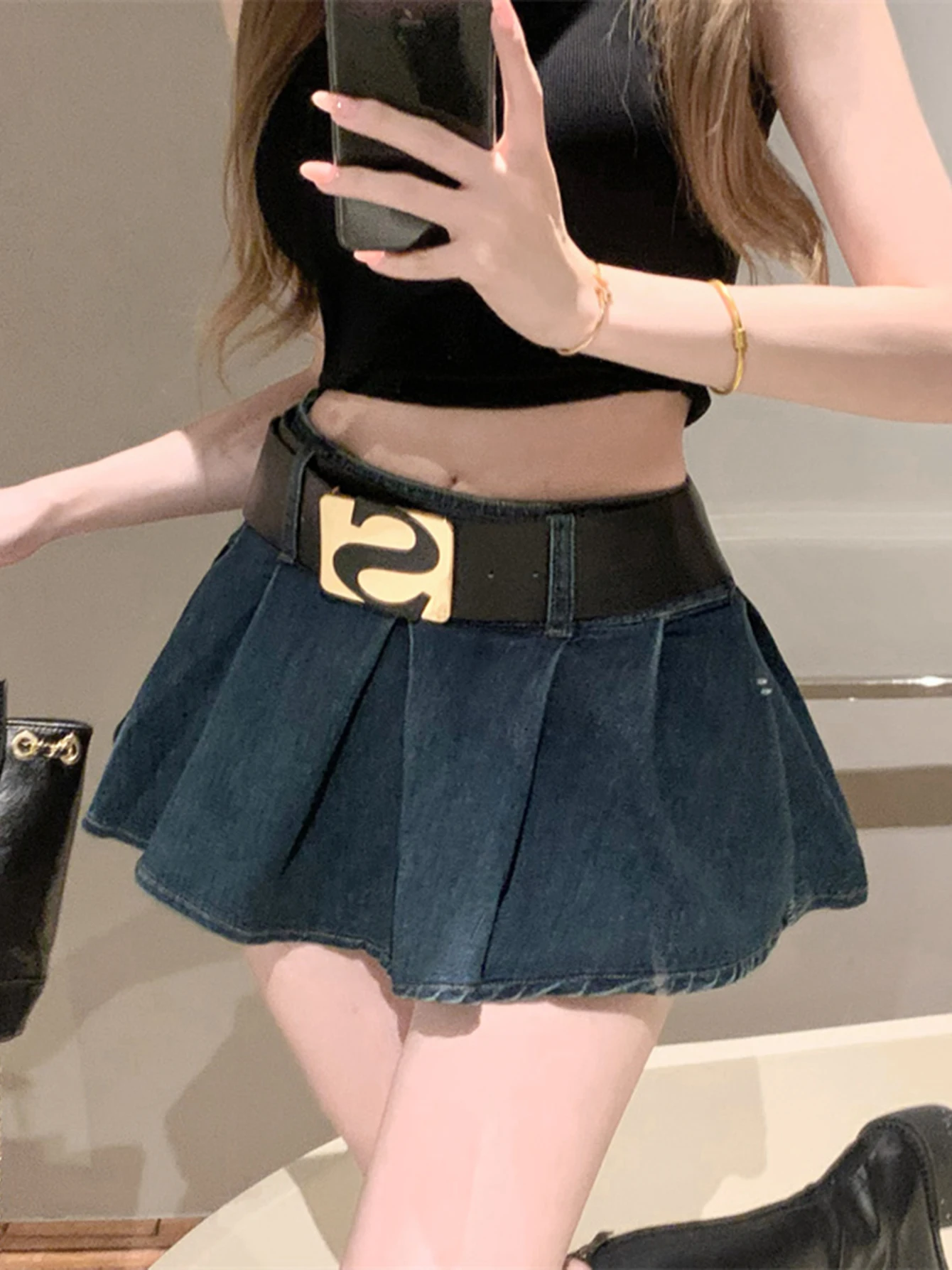 REDDACHiC Anti-glare Jean Skorts without Belt Blue Vintage Y2k Ruffled Pleated Denim Mini Skirt High Rise Female Short Bottoms