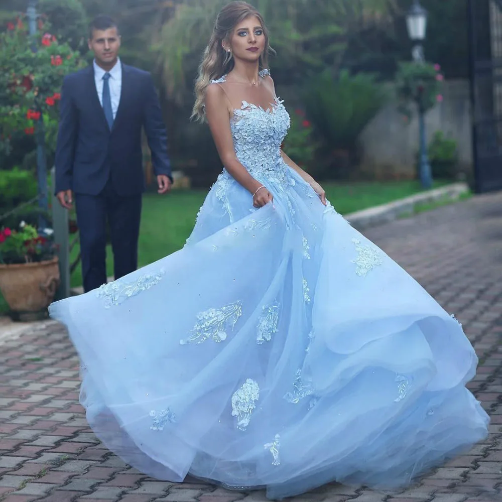 Sky Blue Hochzeit Kleider Illusion Scoop Ärmel Open Back Spitze Appliques Sweep Zug Braut Hochzeit Kleider Robe De Mariee