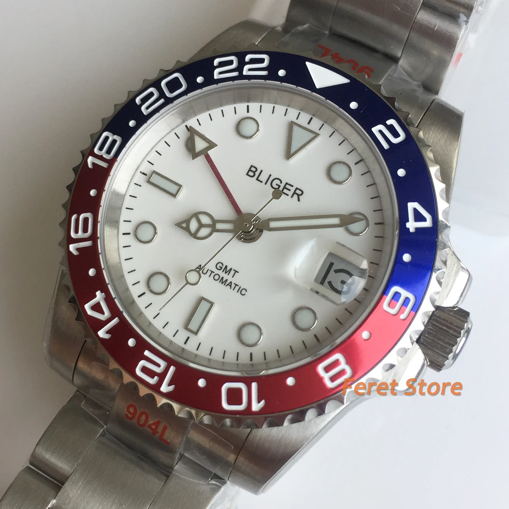 

BLIGER 40mm Men's Watch Red GMT Pointer Mingzhu 3804 Automatic Mechanical Movement Watch Sapphire Glass Red Blue Fashion Watch