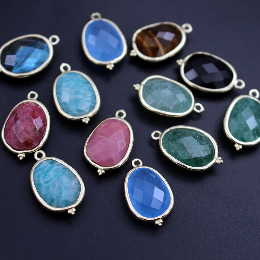 10pcs DIY Jewelry Accessories Oval Faceted Natural Stone Charms Amazonite Labradorite Quartz Blue Green Stone Pendant Connectors