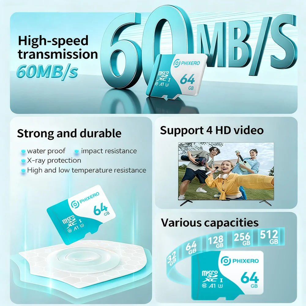 بطاقة PHIXERO Micro SDXC، A1، V30، UHS-I، U3، فئة 10 سرعة تصل إلى 60 ميجابايت/ثانية 16 جيجابايت 64 جيجابايت للكاميرا/الطائرة بدون طيار/كاميرا داش كام/وحدة تحكم الألعاب