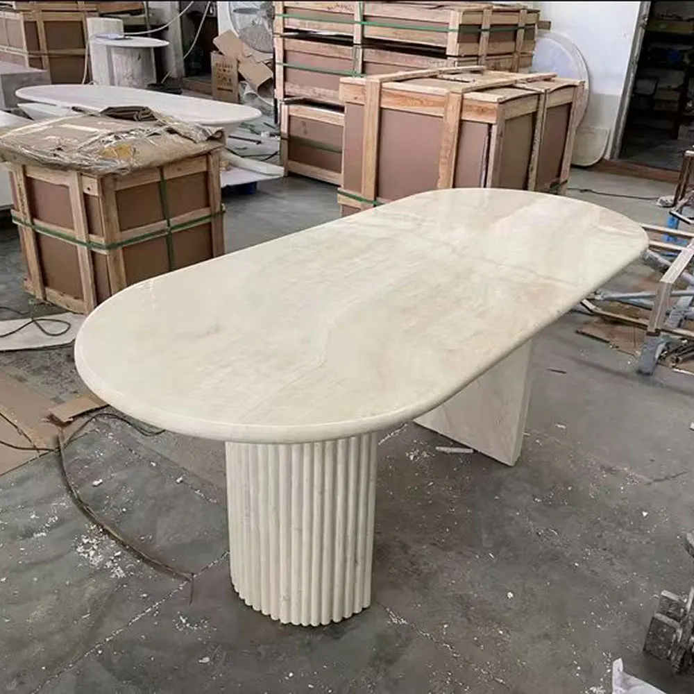 Fancy Stone Customized Natural Travertine Dining Table Stone Furniture Dining Table Fluted Oval Marble Travertine Dining Table