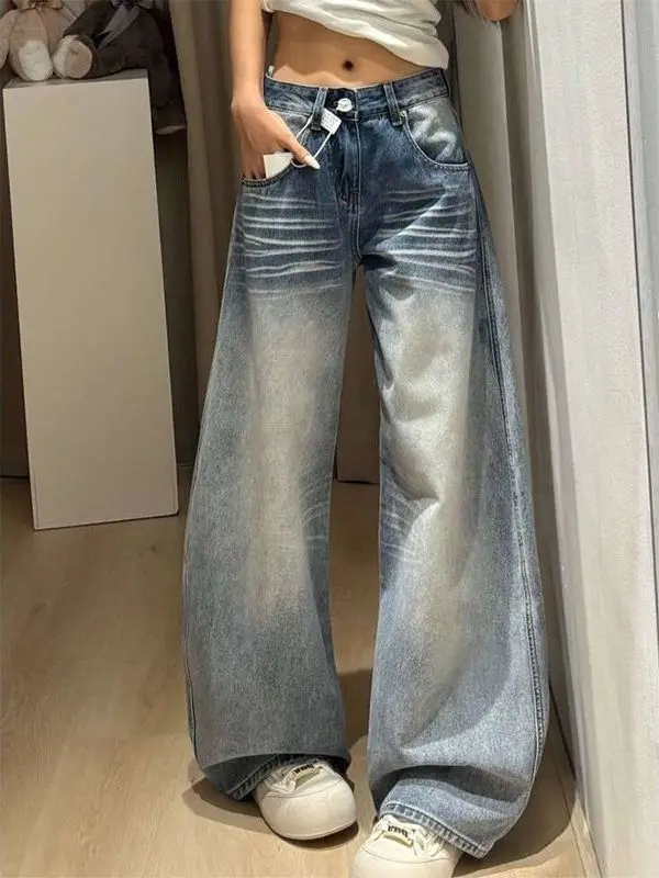 

American Washed Low Waist Knife Wide Leg Jeans Women's Small Size Loose Slimming Versatile Denim Pants Deep Light Colors