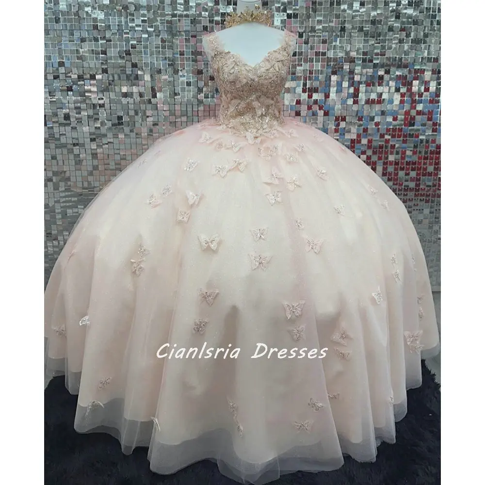 

Pink 3D Butterfly Off The Shoulder Quinceanera Dress Ball Gown Glitter Crystal Beading Bow Corset Vestidos De Quinceañera