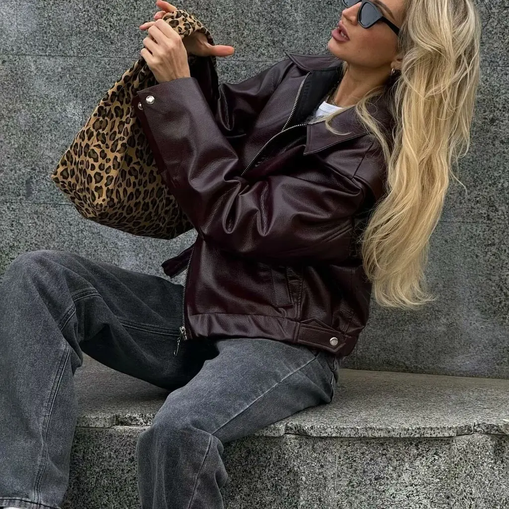 Giacca da donna in pelle PU Colletto POLO Moda primaverile Stile europeo americano New Street 24