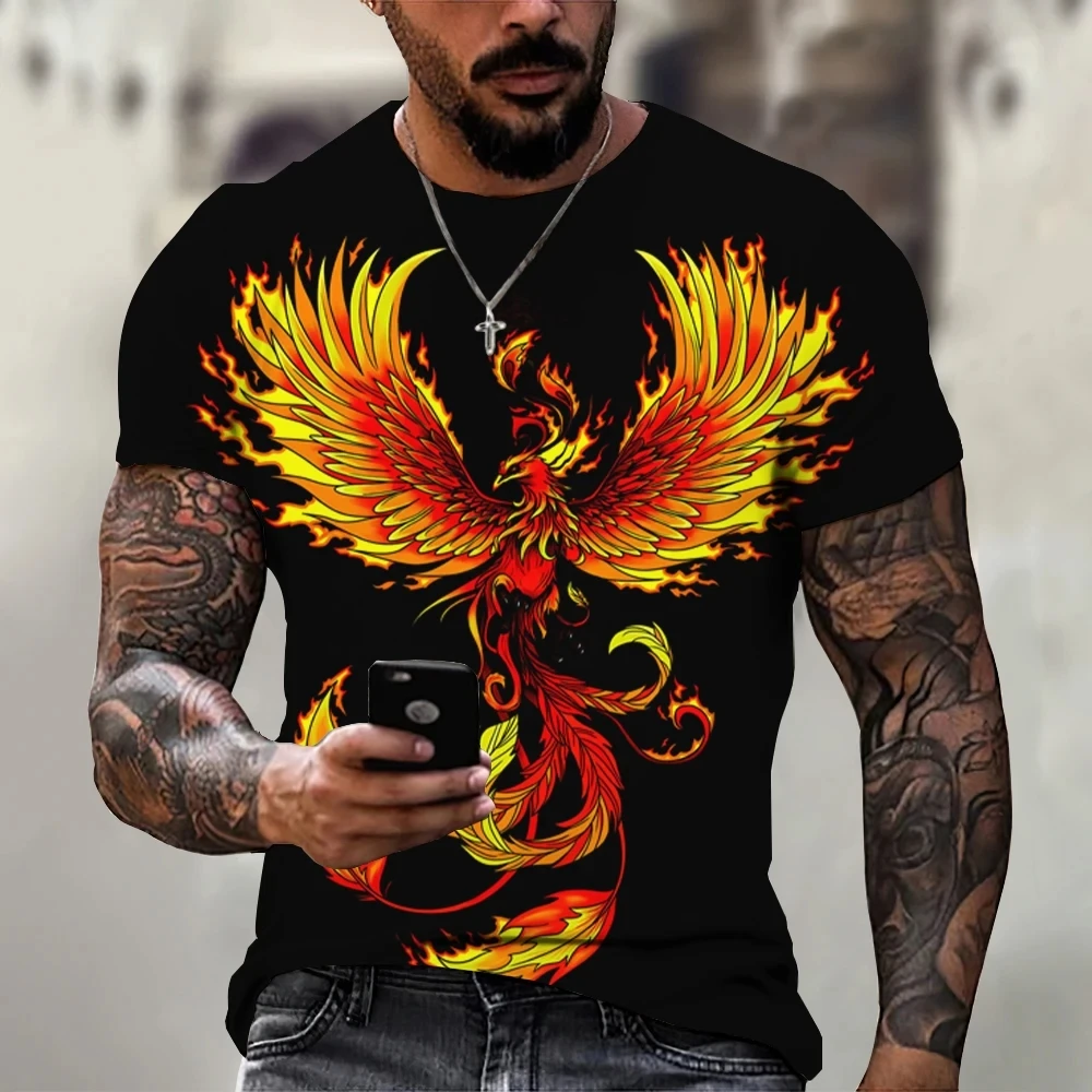 Summer Fashion Men\'s Short Sleeve Phoenix Print T-shirt Street Personality Hip Hop Harajuku O-Neck Plus Size Top