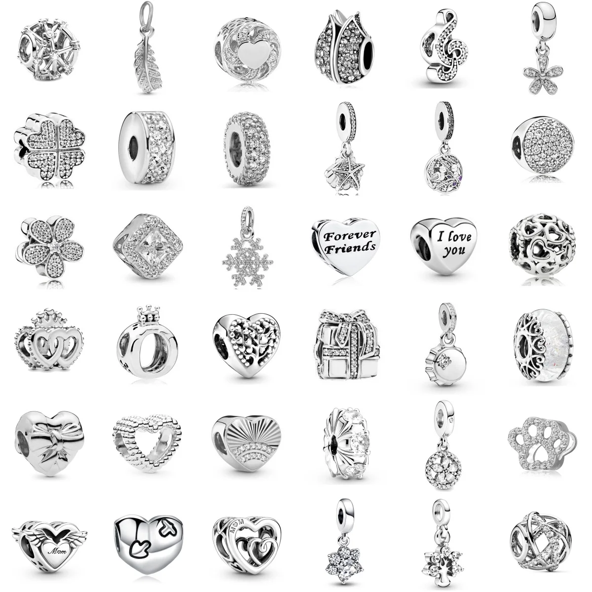 

New Classic Silver Plated Pendants Heart Diamond Charm Beads For Women Fashion DIY Bracelet Necklace Jewelry Accessories Gifts