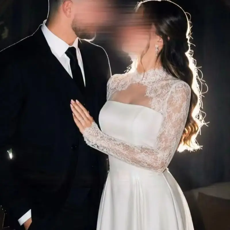 Eightale Arabisches Hochzeitskleid, maßgeschneidertes elfenbeinfarbenes Brautkleid mit langen Ärmeln, Schlüsselloch-Ausschnitt, A-Linie, Braut-Partykleid, Vestido De Novia