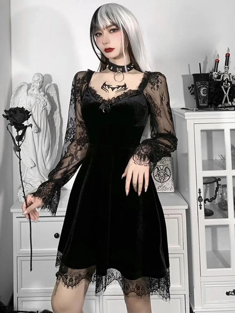 Gaun A-Line Velvet Potongan Renda Anak Perempuan Gotik Lolita Gaun Mini Ramping Leher V Lengan Panjang Perspektif Seksi Wanita Kostum Pesta Cosplay