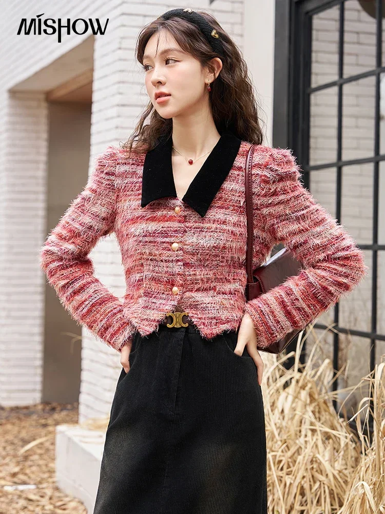 MISHOW Cropped Cardigan Jacket Women Autumn Winter Turn Down Collar Short Coat Temperament Office Lady Soft Tops MXC56Z0344