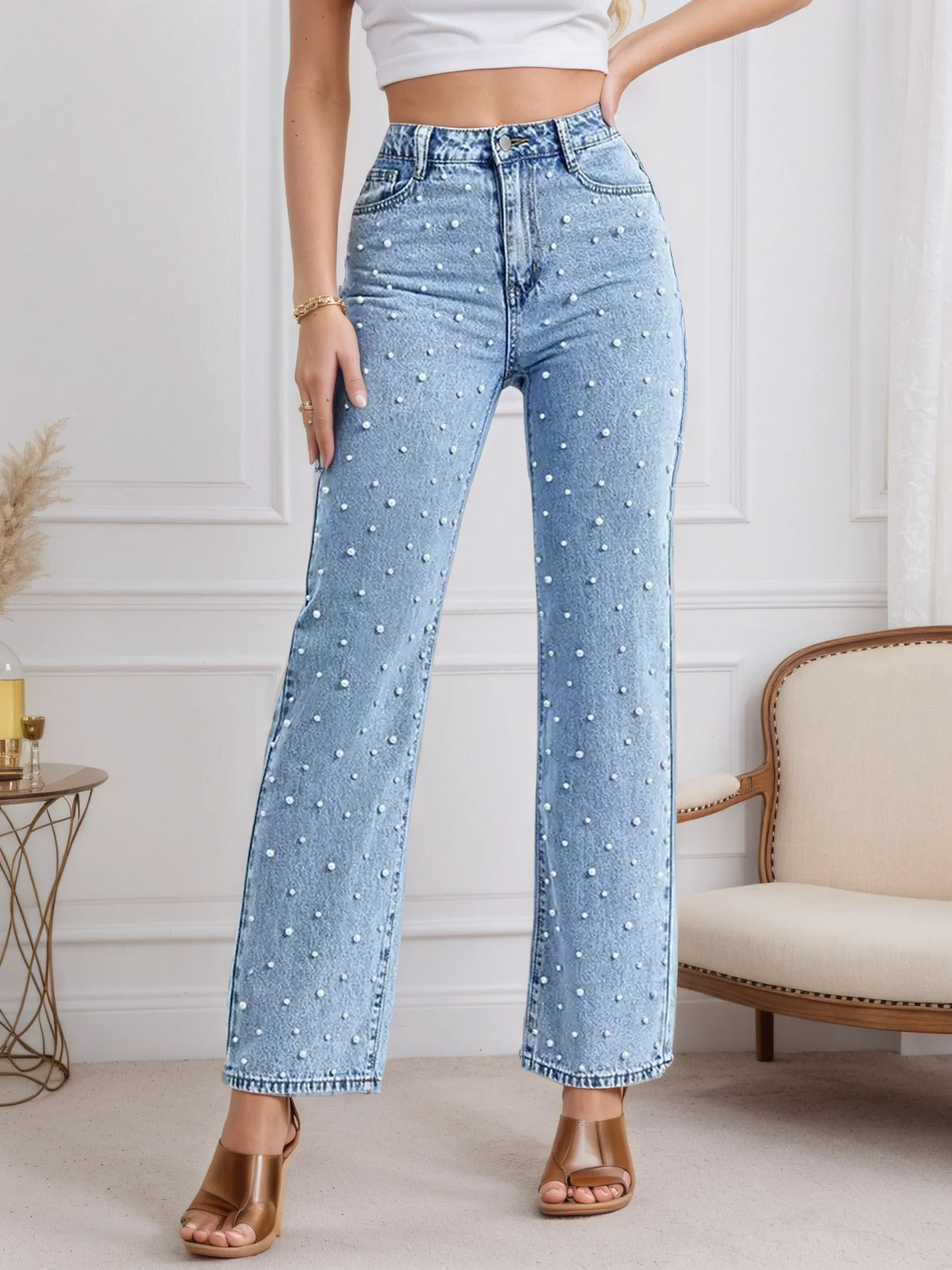 

Women's New Fashionable and Versatile Pearl Straight Jeans, Five-Pocket Design, Machine Washable, Basic Style, Suitable for All