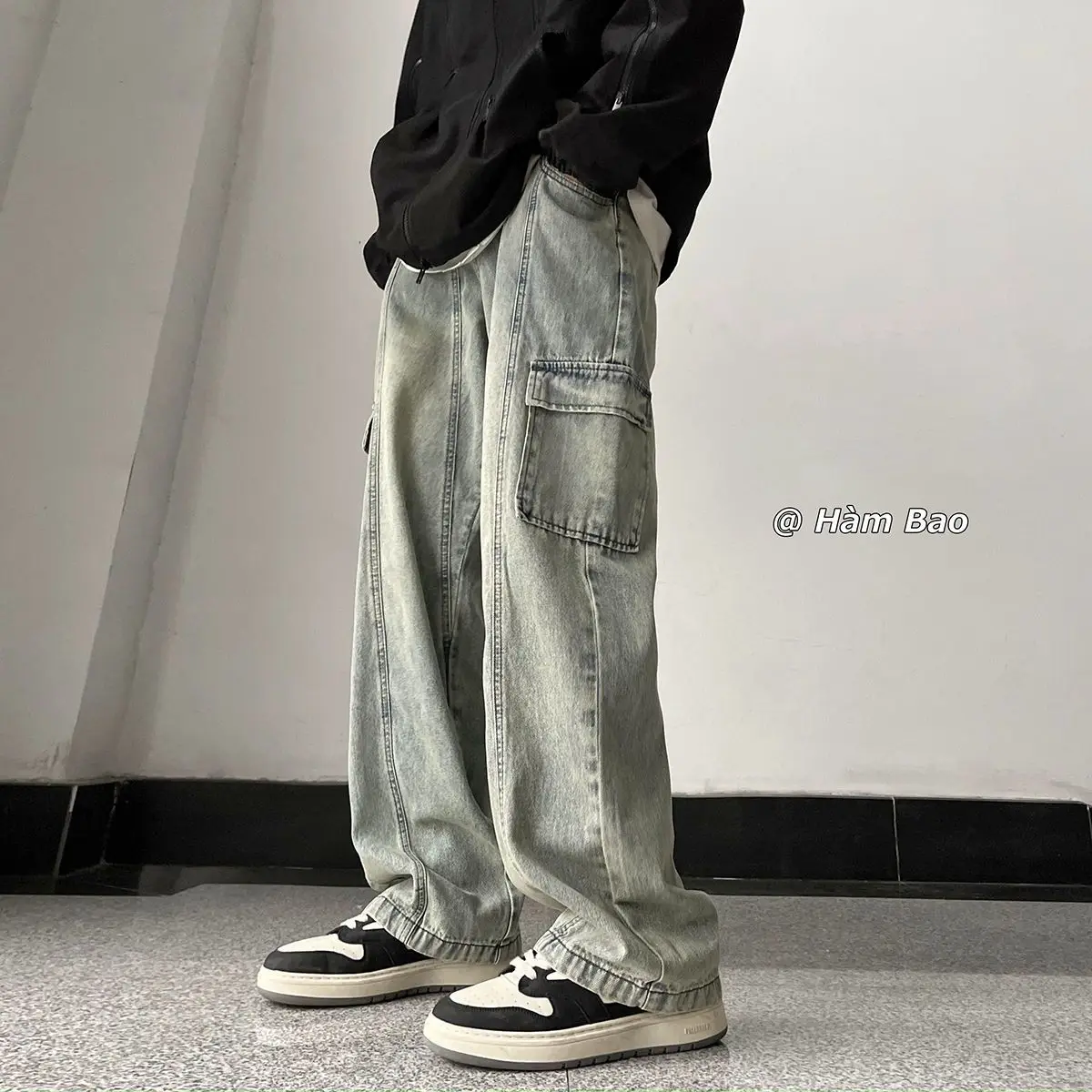 

American style trendy men and women retro personalized workwear jeans couple elastic waist casual loose straight leg pants y2k