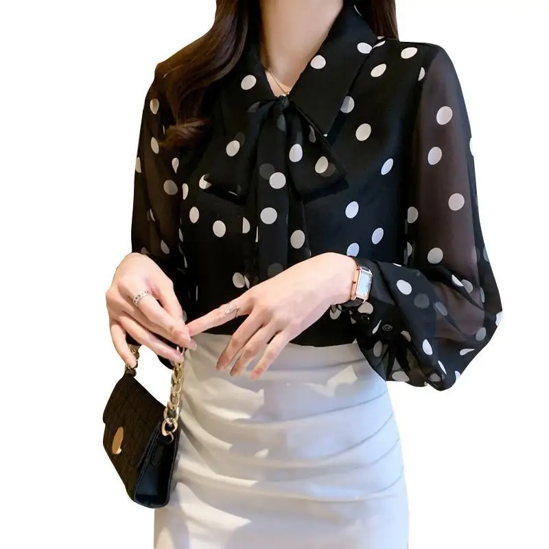 Black Polka Dot Bow Patchwork Blouse Spring Autumn Long Sleeve Fashion Loose All-match Shirt Tops Vintage Elegant Women Clothes