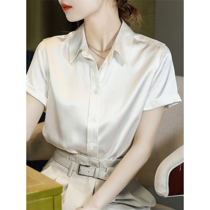 Women's Summer High Quality Satin Button Up Shirt Office Lady Elegant Business Casual Blouse Solid Lapel Short Sleeve Loose Tops