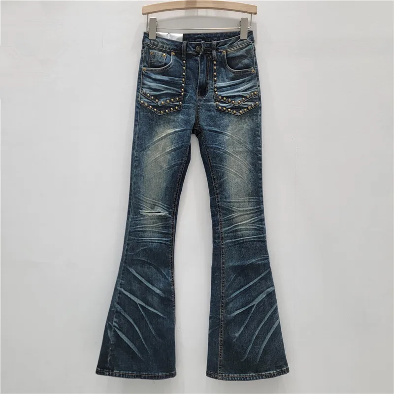 

Джинсы-клеш с заклепками в стиле ретро для женщин, осенние потертые узкие джинсовые брюки, американские уличные модные женские брюки