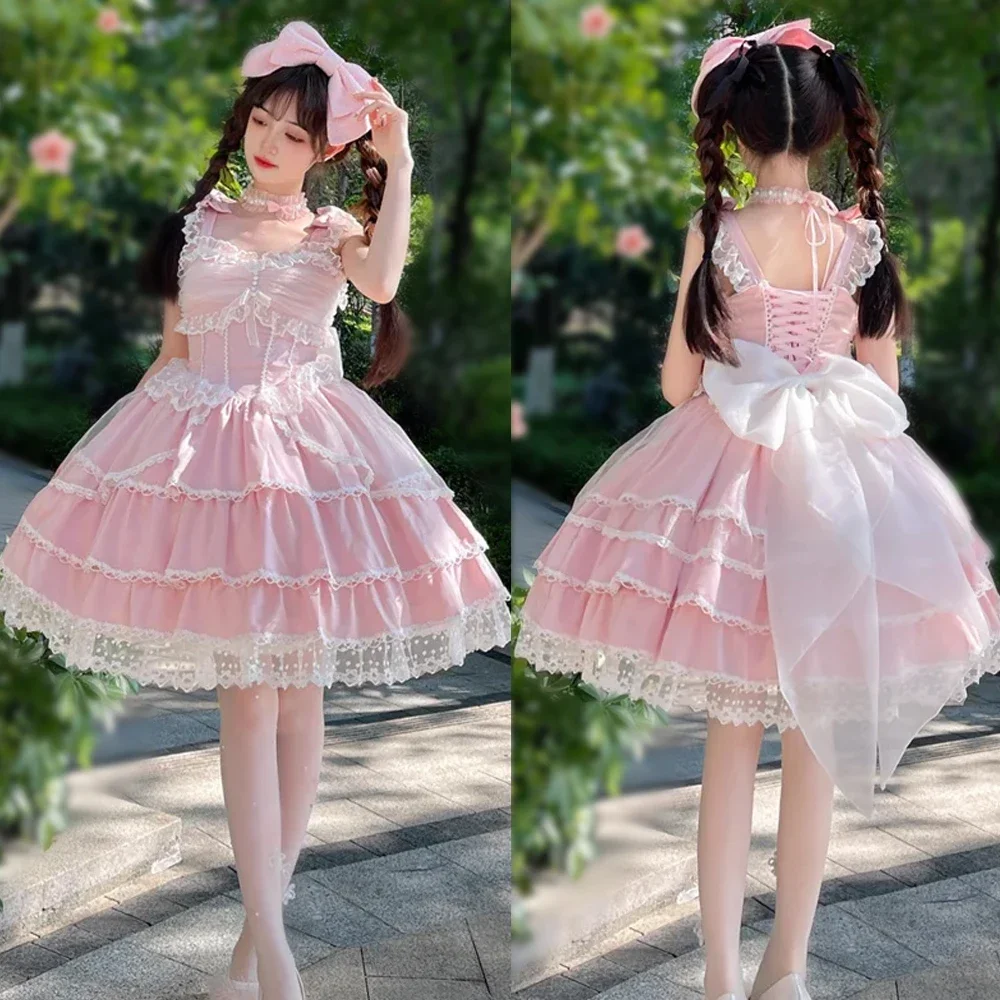 

Pink Lace Ruffle Big Bowknot Lolita Dress Summer Sleeveless JSK Sweet Lolita Princess Dress Cross dresser Sissy Maid COS Play