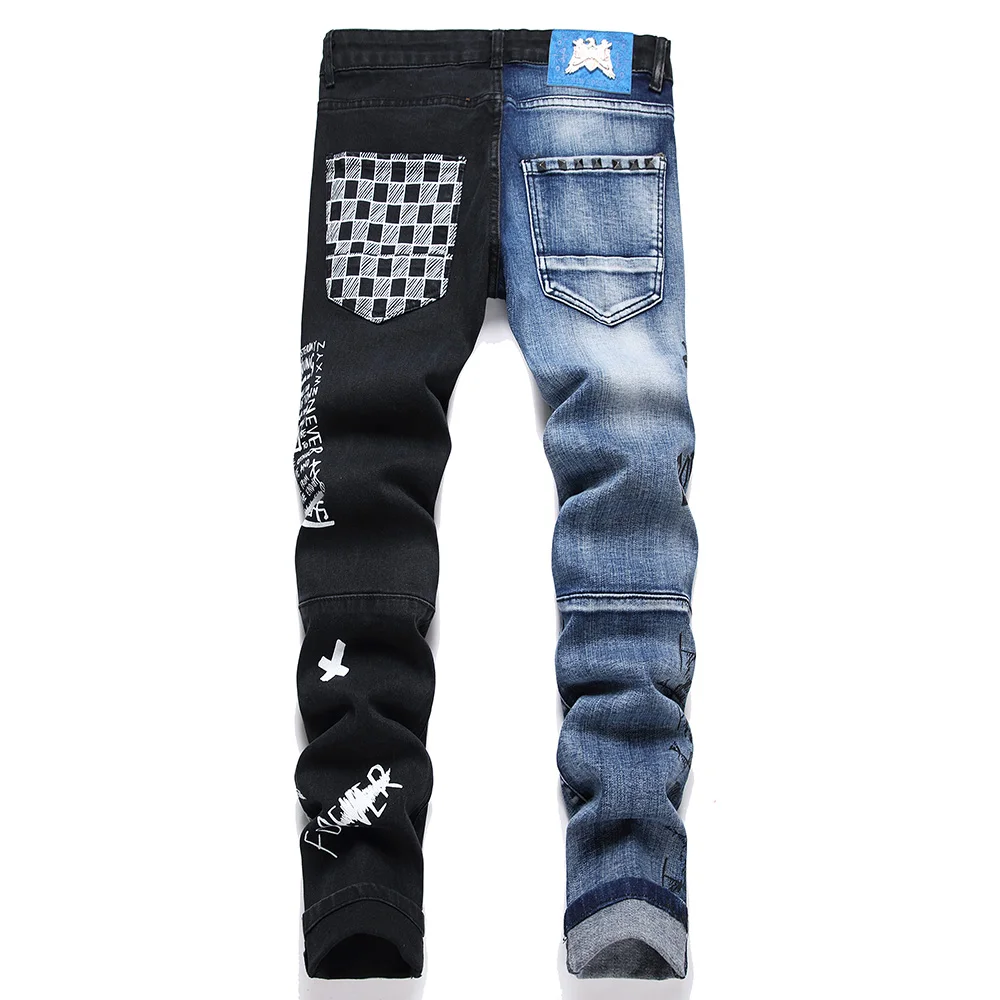 Men Spliced Stretch Denim Jeans Streetwear Punk Check Print Rivet Pants Holes Ripped Distressed Letters Painted Trousers