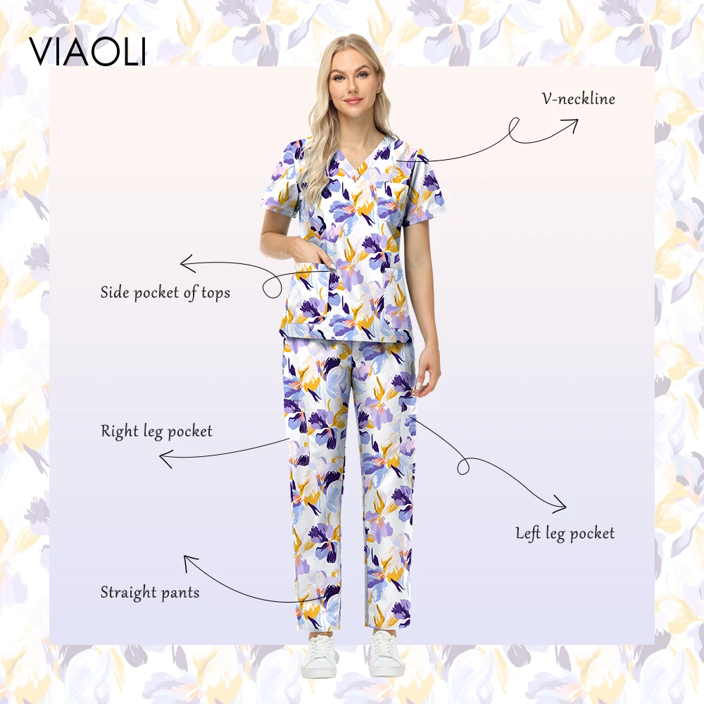 Modieuze bloem bedrukte verpleegsters werkkleding medische accessoires verpleegstersuniformen vrouwen scrubs sets shirt met korte mouwen zakbroek