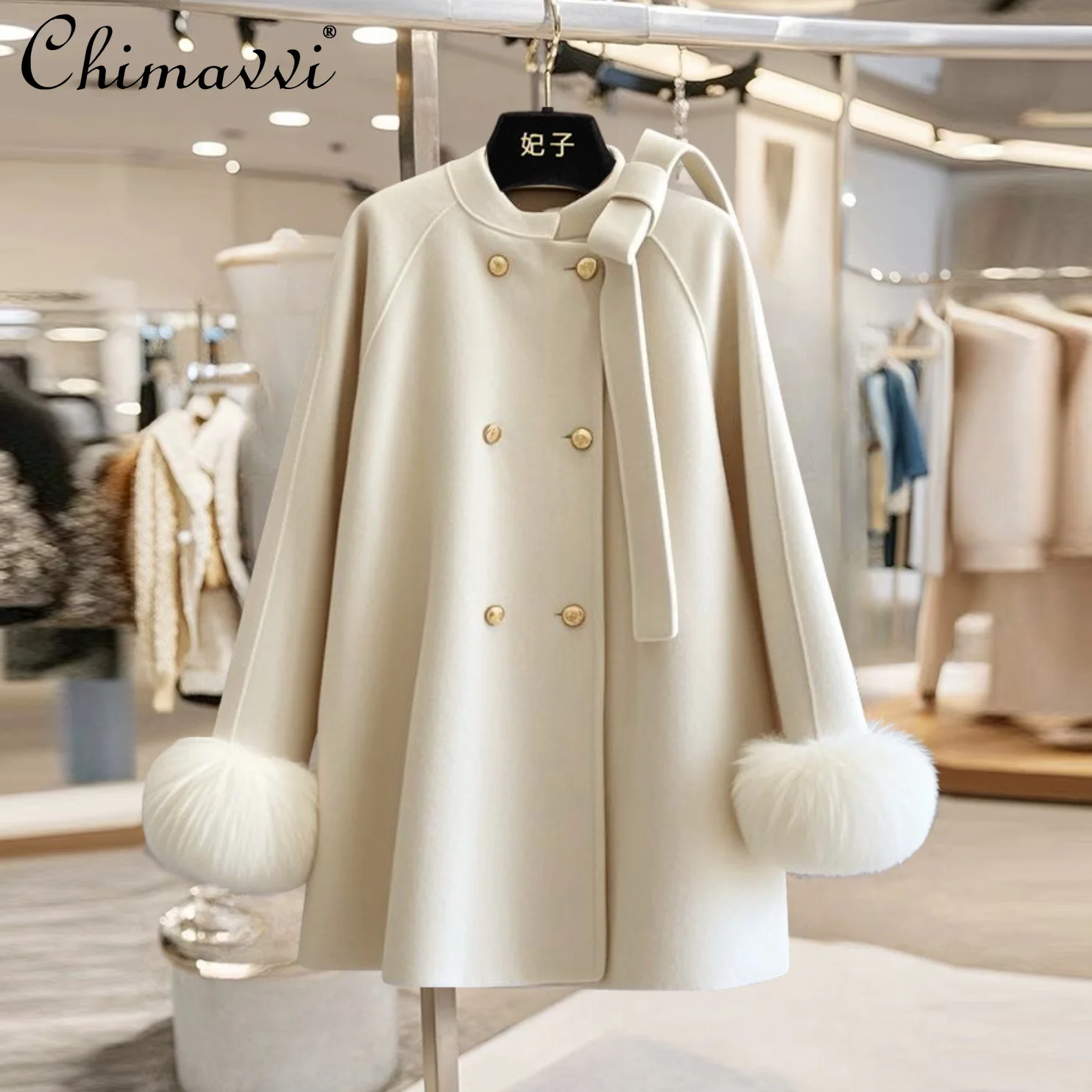 

French Style Elegant Socialite Wool Cape Coats Fox Fur Collar Double-breasted Versatile Short Woolen Jackets Women Spring 2026
