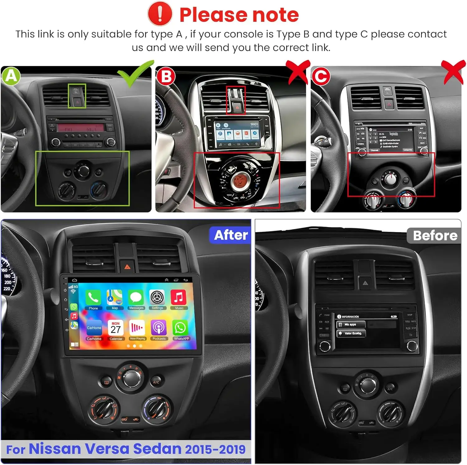 راديو ستيريو للسيارة مقاس 10 بوصات لسيارة Nissan Versa 2015-2019 (LHD) مع CarPlay اللاسلكي، Android Auto، شاشة تعمل باللمس، GPS، كاميرا احتياطية عالية الدقة، 4