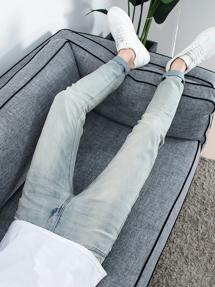 

Летние тонкие джинсы в стиле ретро для мужчин, облегающие, в корейском стиле, повседневные, универсальные, легкие, укороченные (9/10 длины)