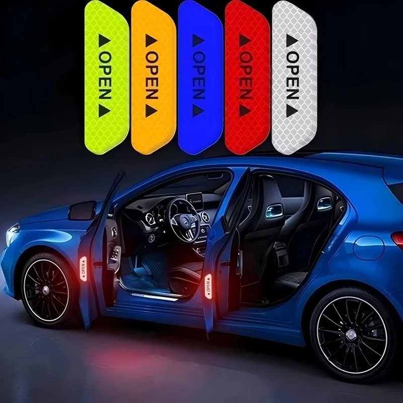 4 Pcs Car Open Reflective Sticker Universal Safety Warning Mark Reflective Stickers Lighting Luminous Decor Auto Door Stickers