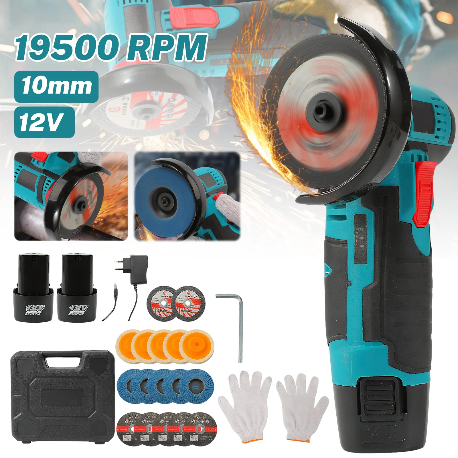 Kit smerigliatrice angolare a batteria 12V con 2 batterie e 17 accessori, mini lucidatrice da 19500 giri/min per progetti domestici fai da te