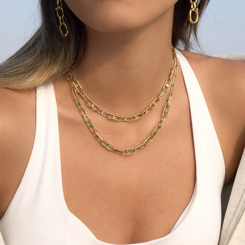 

Luxurious Green Rhinestone Titanium Steel Necklace for Women Elegant Commute Jewelry Daily Party Accessory Trendy High-End Style