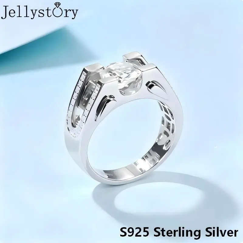 JellyStory Men‘s 2 Carat Business Ring New S925 Silver Light Luxury High-End Moissanite Perfect for Office and Formal Events