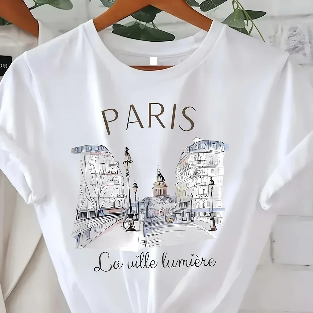Vintage Elegant O-neck Short Sleeved T-shirt Paris Tower Printed Top High-quality Comfortable And Minimalist Women's Clothing image 4