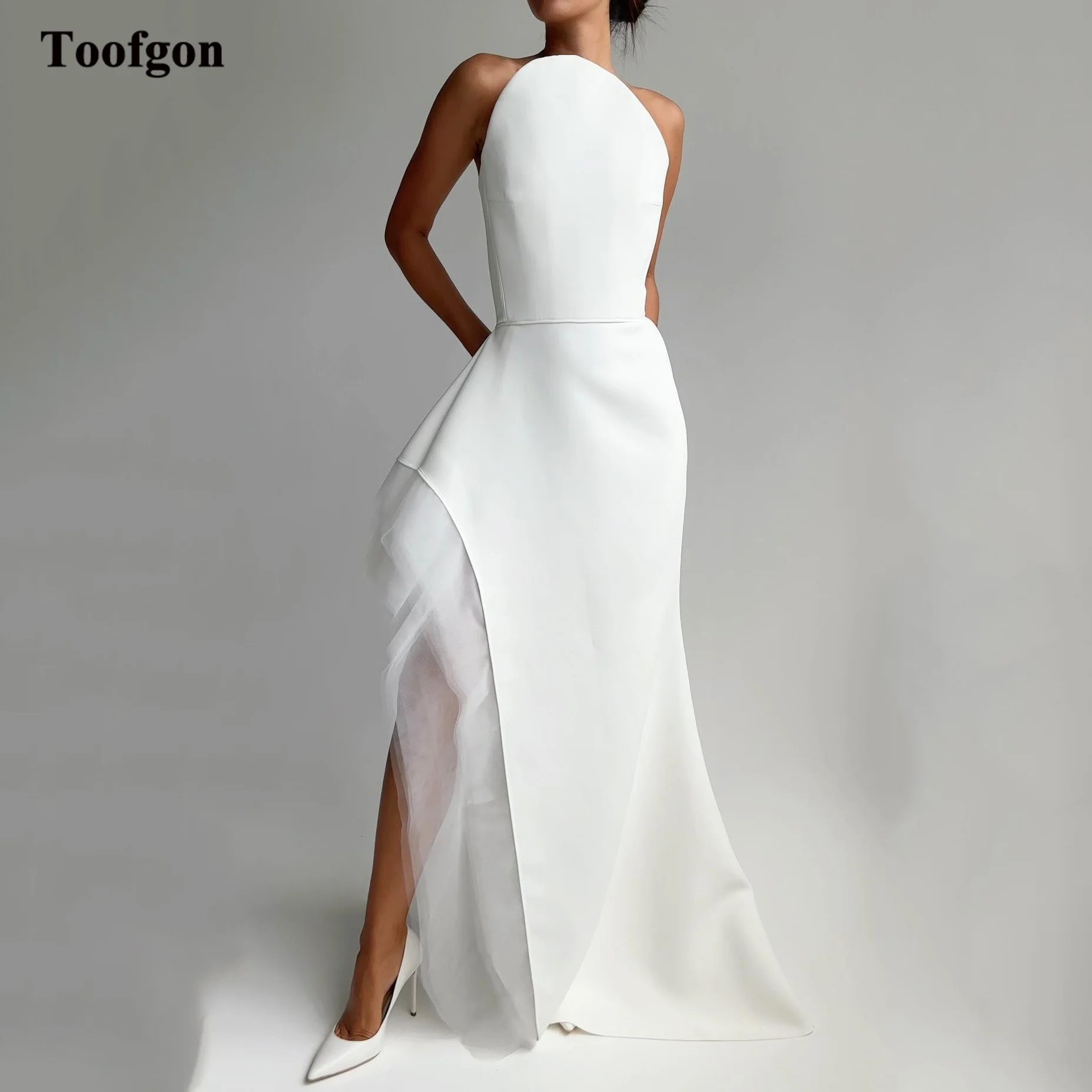 Toofgon A Line Matte Satin Tulle Bride Wedding Dresses Sexy Slit Side Bridal Gowns Formal Party Wedding Gowns Customized mariée