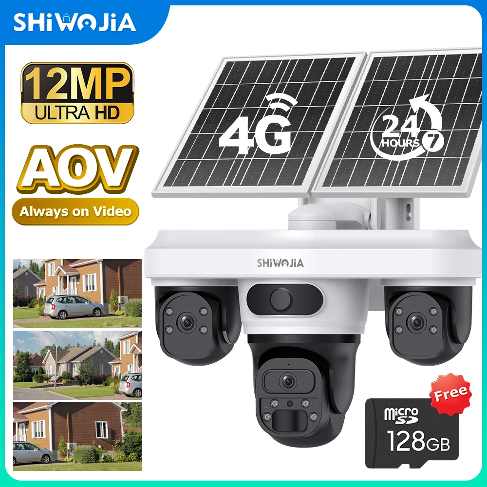 SHIWOJIA UBox PRO, Cámara de Seguridad Solar con Batería de 20100 mAh, AOV 24/7, Tres Lentes, Tres Pantallas, 360° ° Vista Panorámica