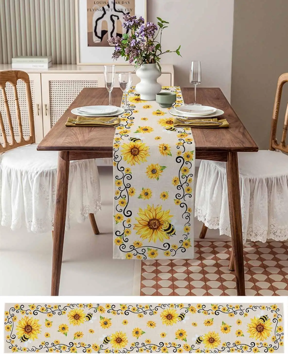 Summer Yellow Sunflowers Bee Linen Table Runners Farmhouse Style Dresser Scarf Table Decor Wedding Party Home Dining Table Decor