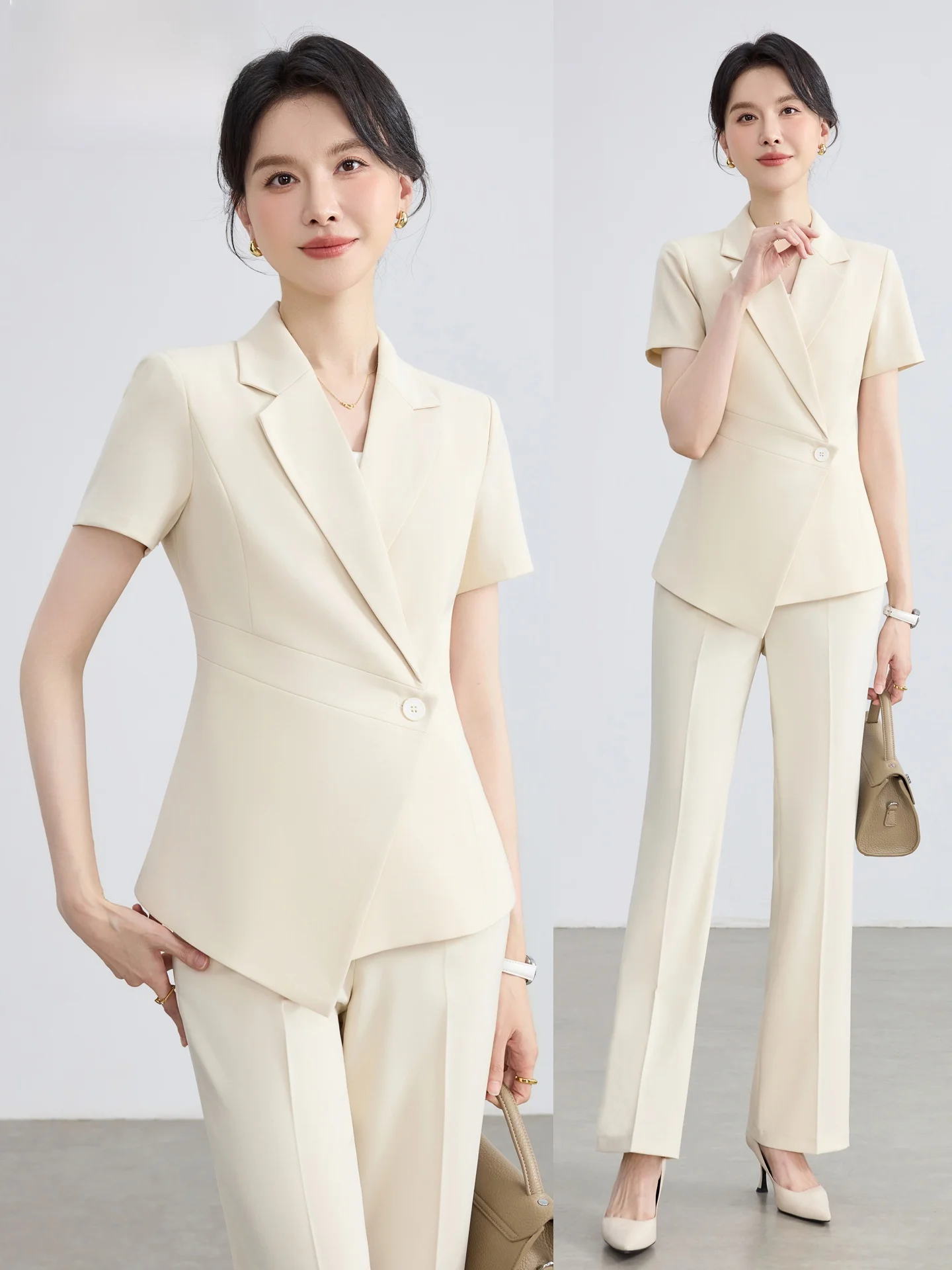 Cherry Blossom Color Suit Set Women's Summer Thin High-End Goddess Style Beauty Salon Jewelry Store Work Uniform Commute Fashion